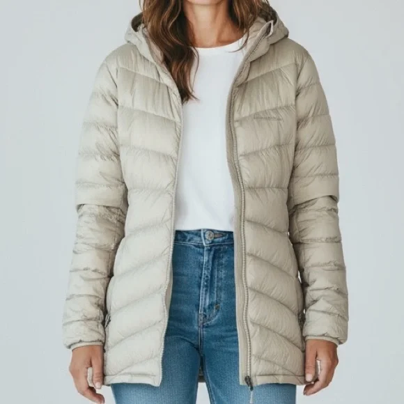 Eddie Bauer Hooded Chevron Down Parka Jacket XXL Tan Warm Winter Coat - Picture 2 of 8